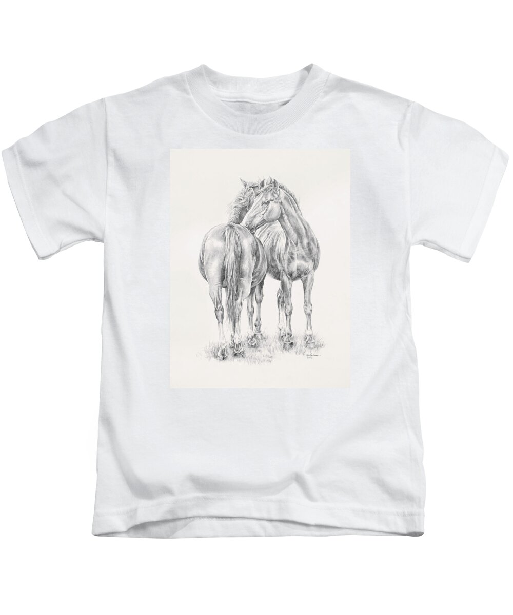 Horses Kids T-Shirt featuring the drawing You Scratch My Back I'll Scratch Yours by Kim Lockman