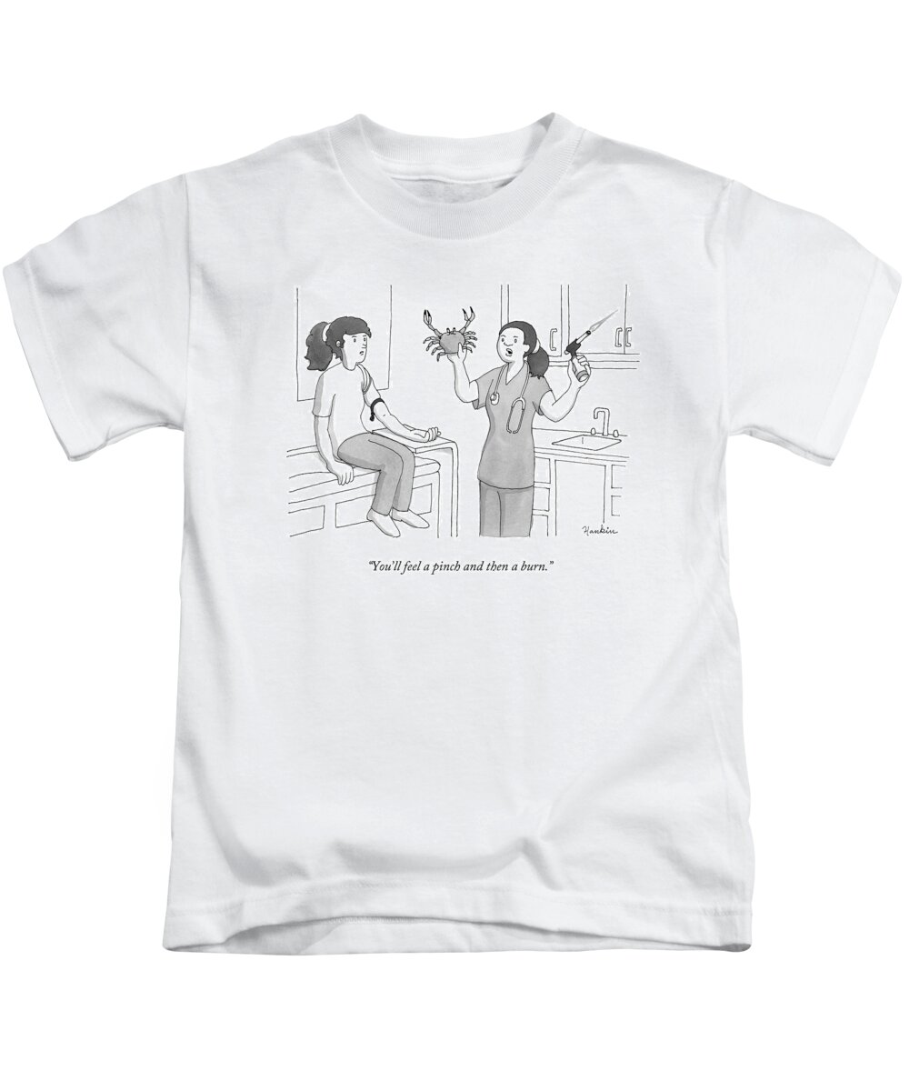 Crab Kids T-Shirt featuring the drawing You'll Feel A Pinch And Then A Burn by Charlie Hankin