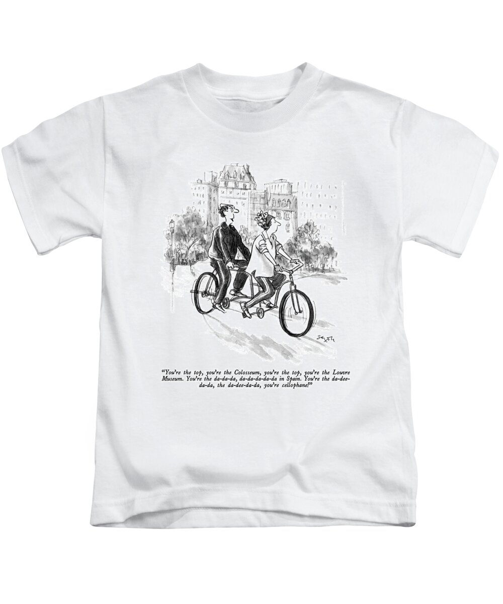 

 A Man On A Bicycle Built For 2 Sings To His Wife. 
Marriage Kids T-Shirt featuring the drawing You're The Top by Charles Saxon