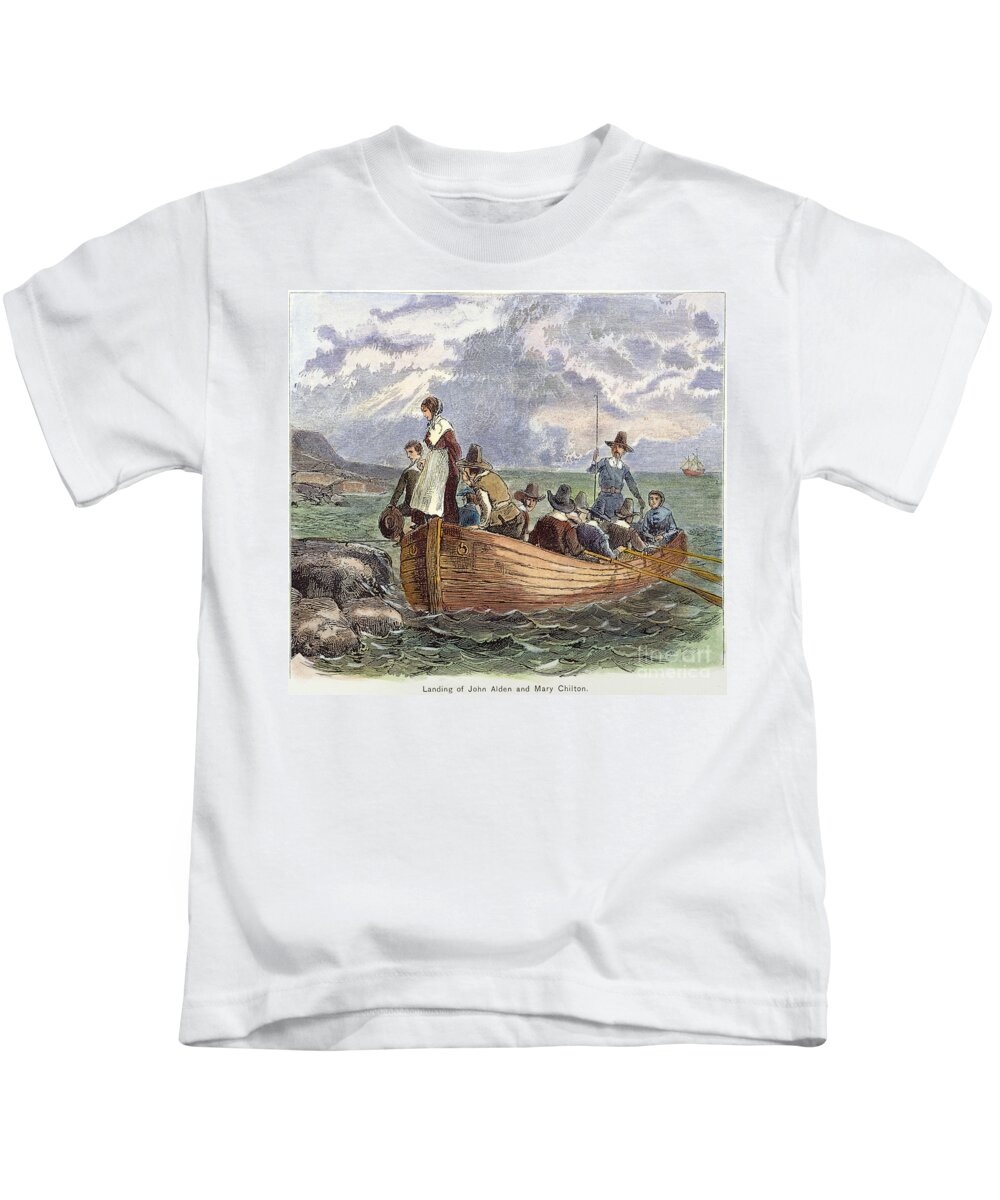 1620 Kids T-Shirt featuring the drawing Plymouth Rock Landing #1 by Granger