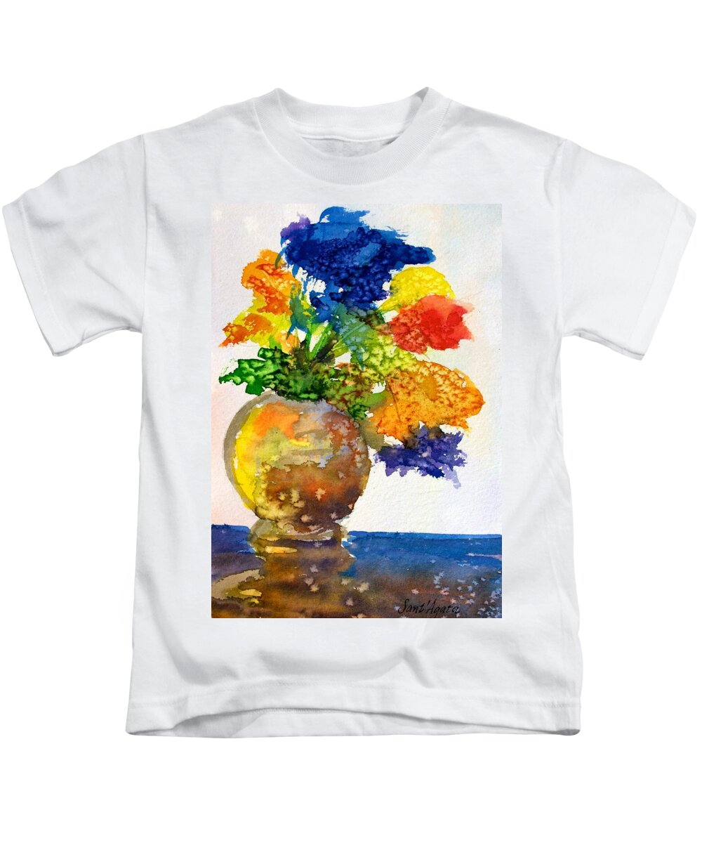Vase Kids T-Shirt featuring the painting Vase with Flowers by Frank SantAgata