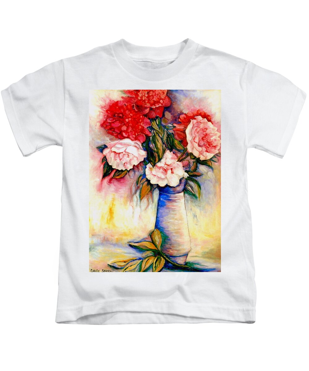 Classic Still Life Kids T-Shirt featuring the painting Pink And Red Peony Roses In A Tall Blue Porcelain Vase by Carole Spandau