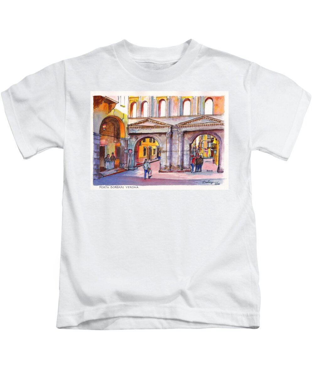 Italy Kids T-Shirt featuring the painting Porta Borsari Verona first century AD Roman gate by Dai Wynn
