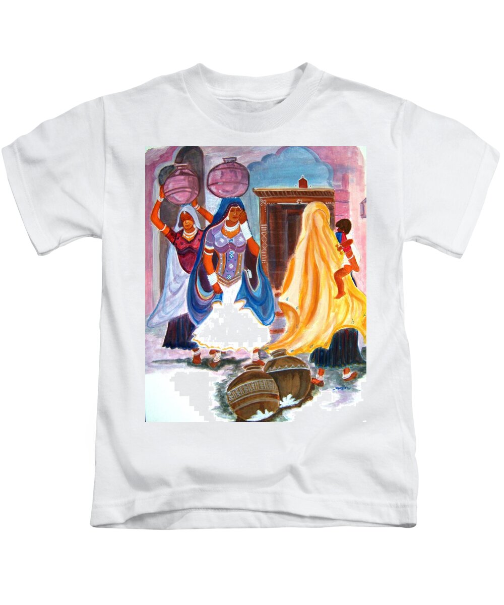 Tribal Kids T-Shirt featuring the painting Water Belles by Manjiri Kanvinde