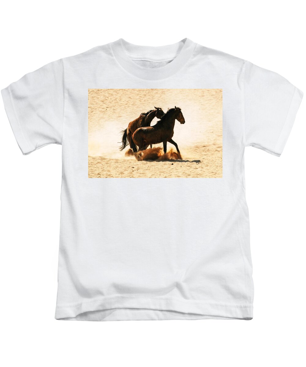 Action Kids T-Shirt featuring the photograph Wild stallion clash 3 by Alistair Lyne
