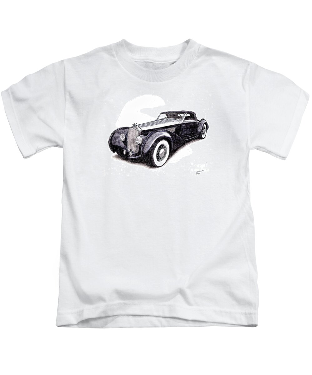 Car Kids T-Shirt featuring the drawing 1938 Delage D8 120 by Dan Poll
