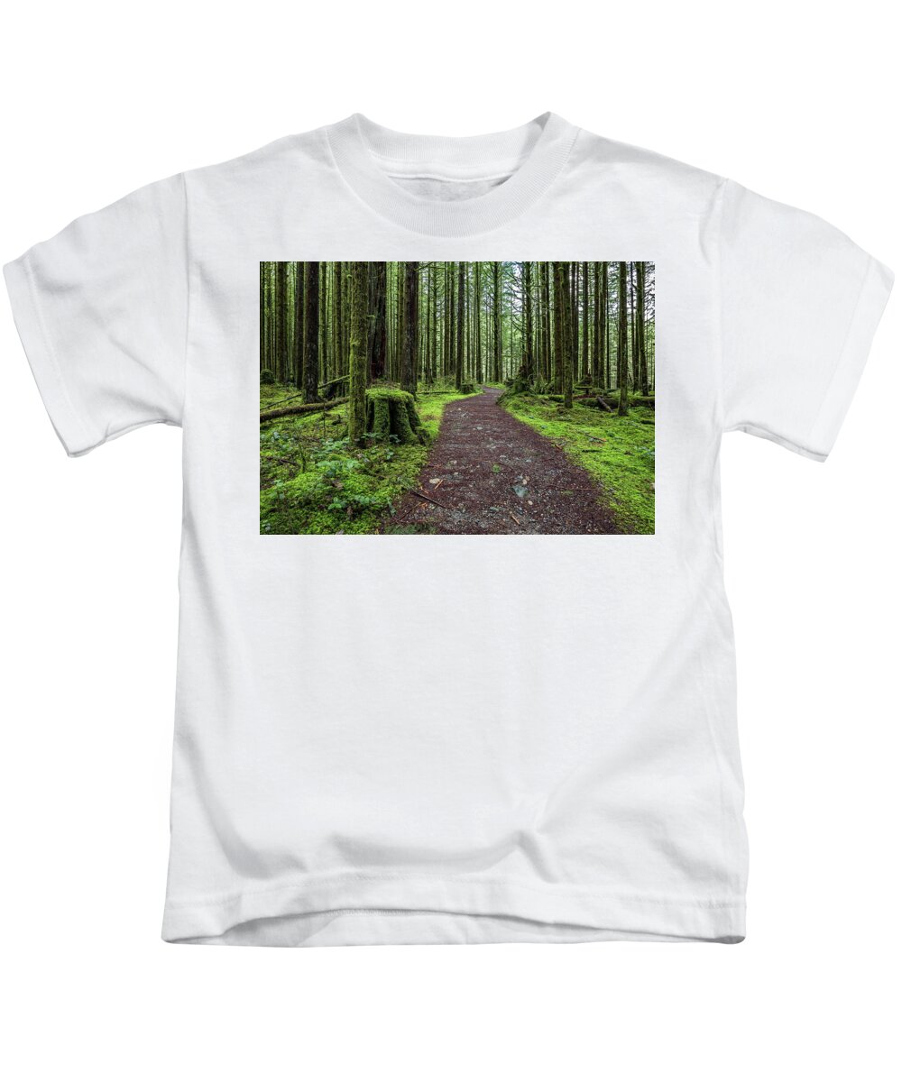 Alex Lyubar Kids T-Shirt featuring the photograph All covered with green moss magic forest by Alex Lyubar