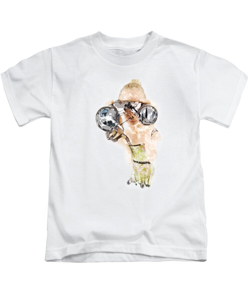 Comic Kids T-Shirt featuring the photograph Blond Woman With Binoculars #1 by Humorous Quotes