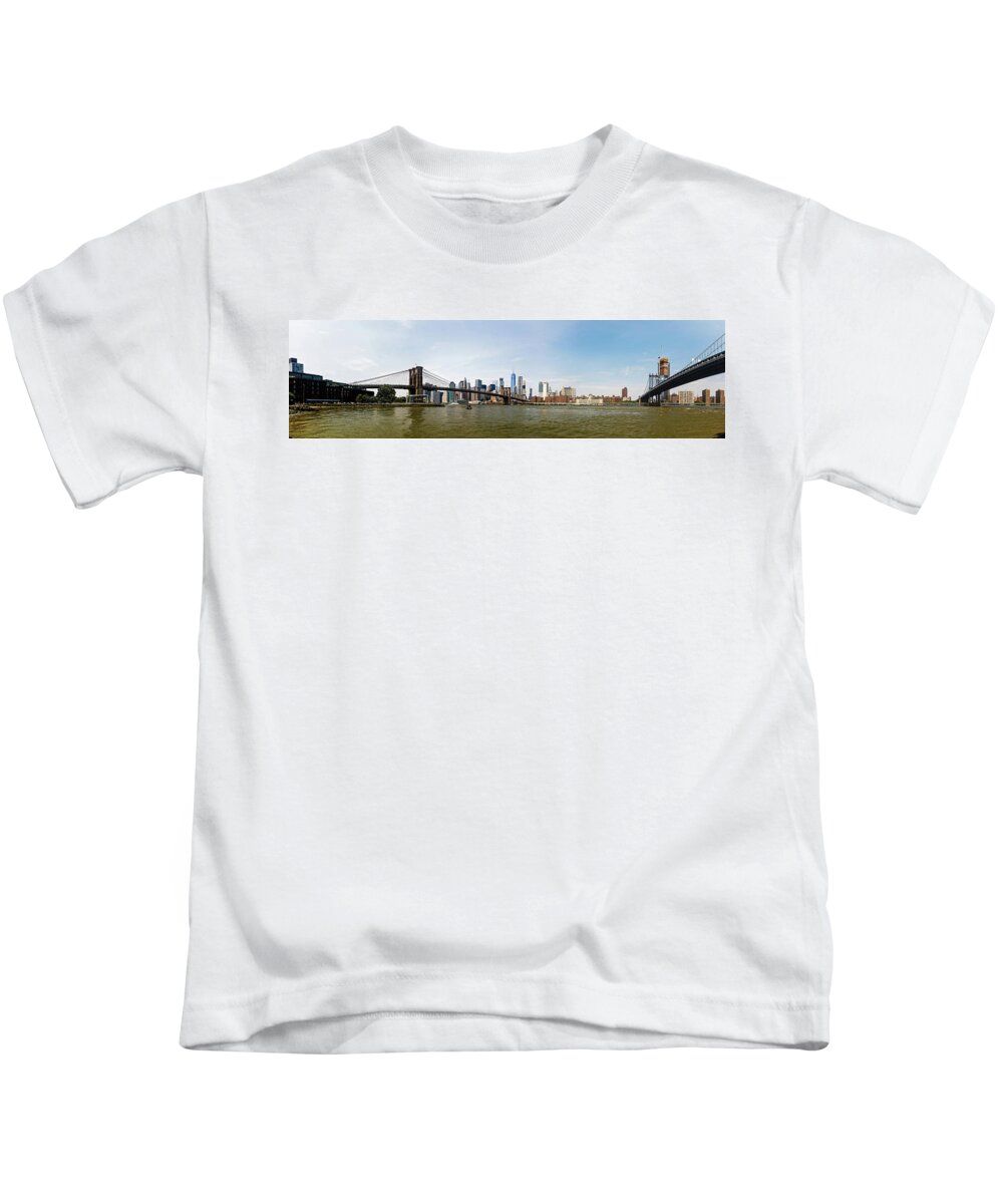 Brooklyn Bridge Kids T-Shirt featuring the photograph Brooklyn Bridge and Manhattan Bridge Panorama by Doolittle Photography and Art