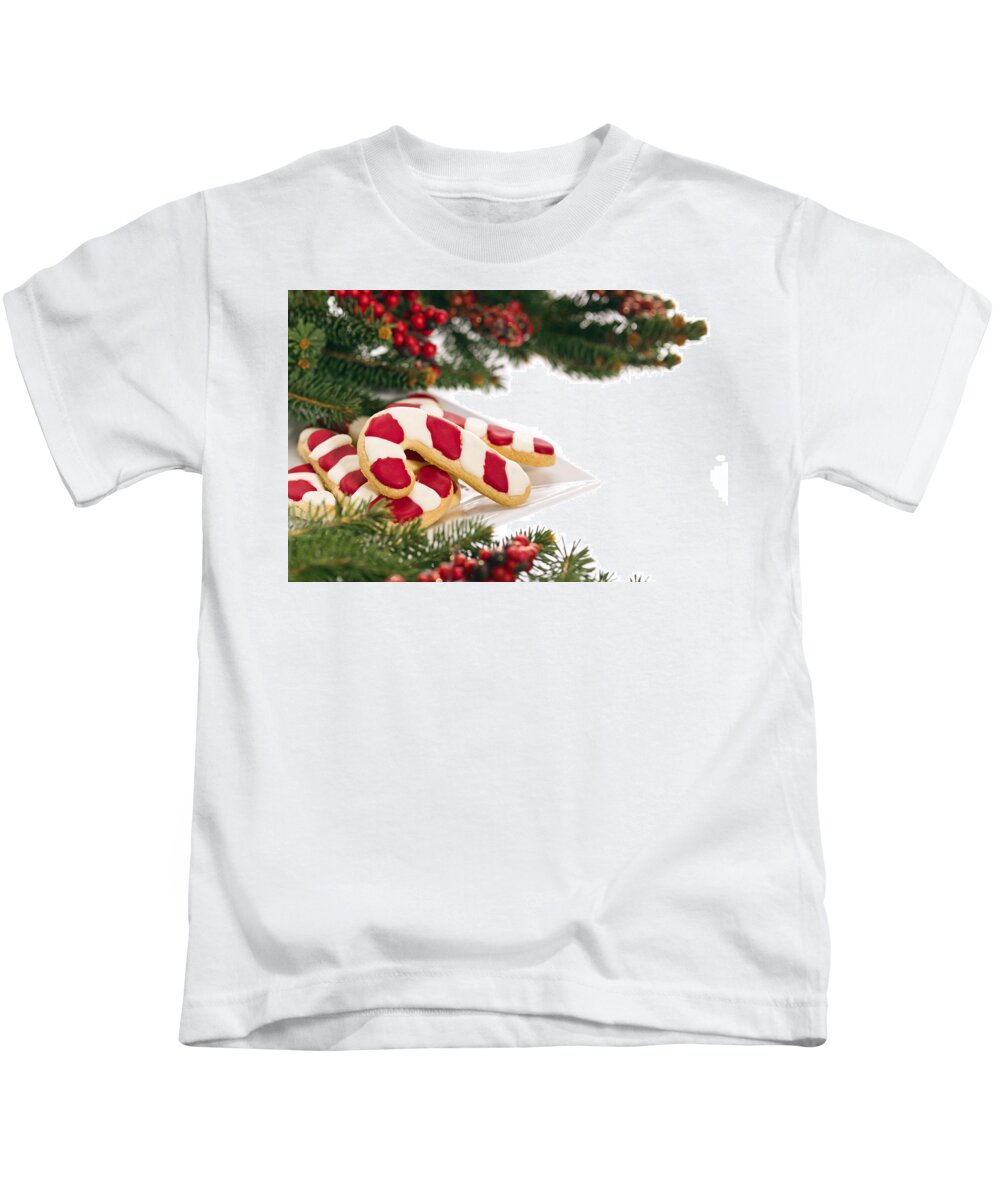 Icing Sugar Kids T-Shirt featuring the photograph Christmas Cookies Decorated With Real Tree Branches #1 by U Schade