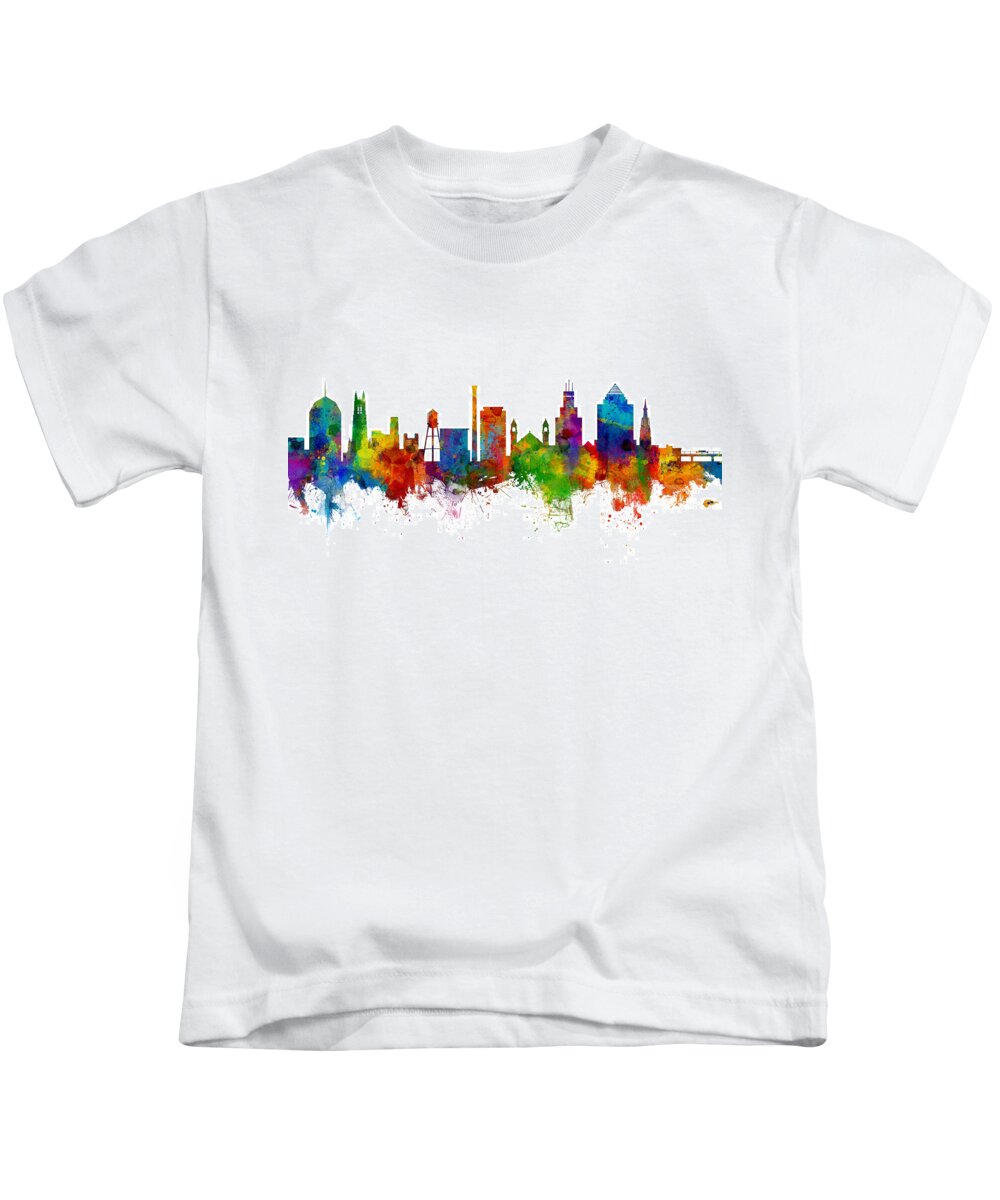 Durham Kids T-Shirt featuring the digital art Durham North Carolina Skyline #1 by Michael Tompsett