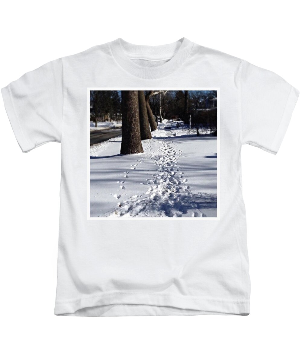 Mobileprints Kids T-Shirt featuring the photograph Pet Prints In The Snow - Color by Frank J Casella