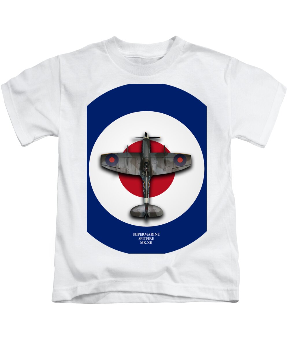 Spitfire Kids T-Shirt featuring the digital art Spitfire MK.XII #1 by Airpower Art