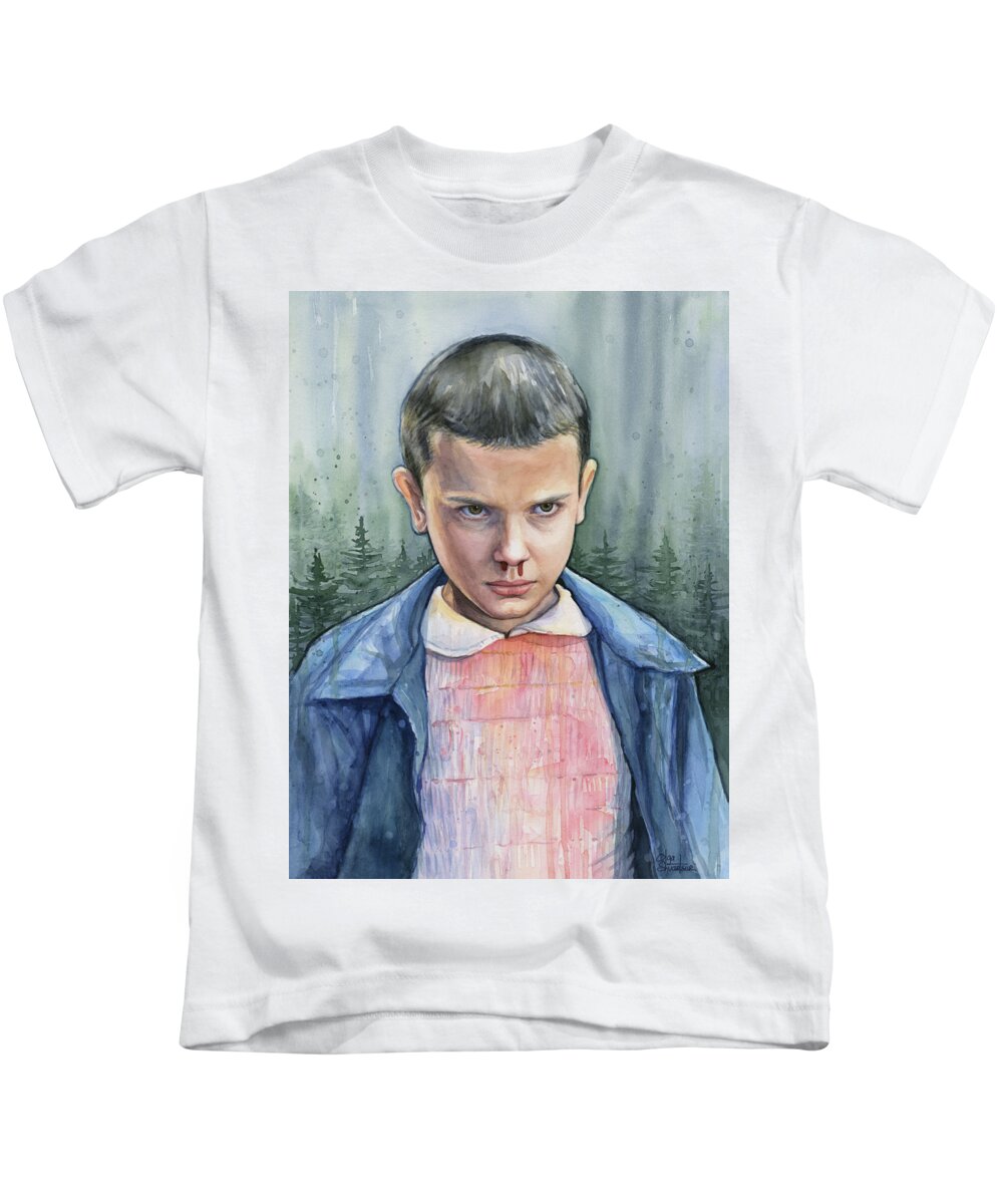 Strager Things Kids T-Shirt featuring the painting Stranger Things Eleven Portrait #2 by Olga Shvartsur