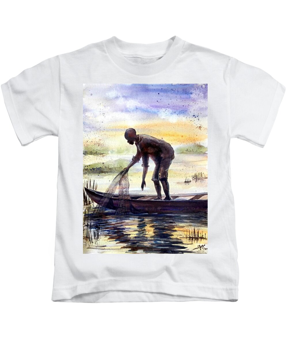 Fisherman Kids T-Shirt featuring the painting The fisherman #1 by Katerina Kovatcheva