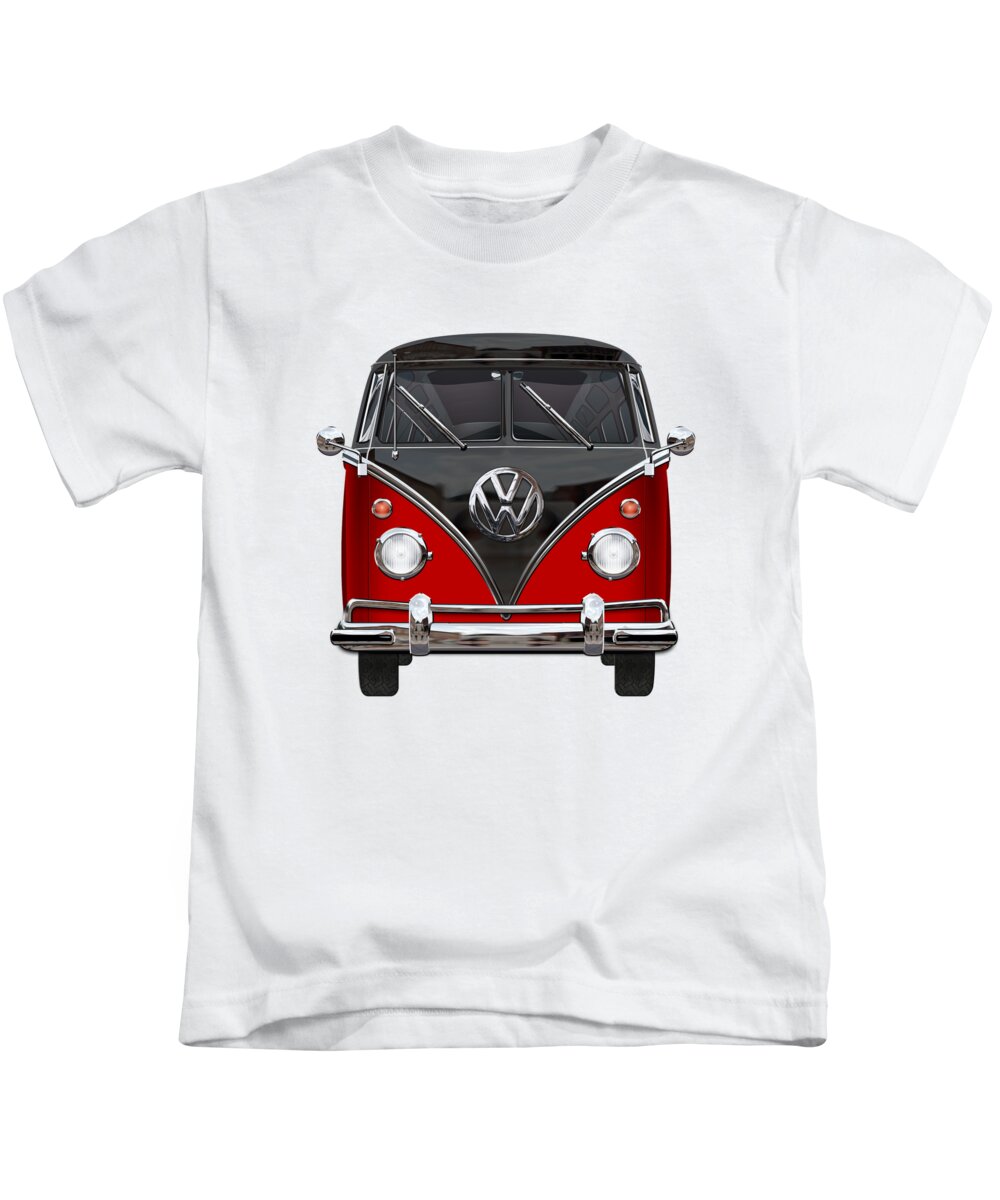 'volkswagen Type 2' Collection By Serge Averbukh Kids T-Shirt featuring the photograph Volkswagen Type 2 - Red and Black Volkswagen T 1 Samba Bus on White by Serge Averbukh