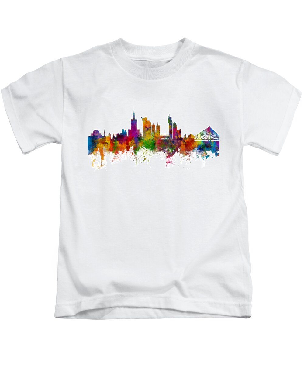Poland Kids T-Shirt featuring the digital art Warsaw Poland Skyline #1 by Michael Tompsett