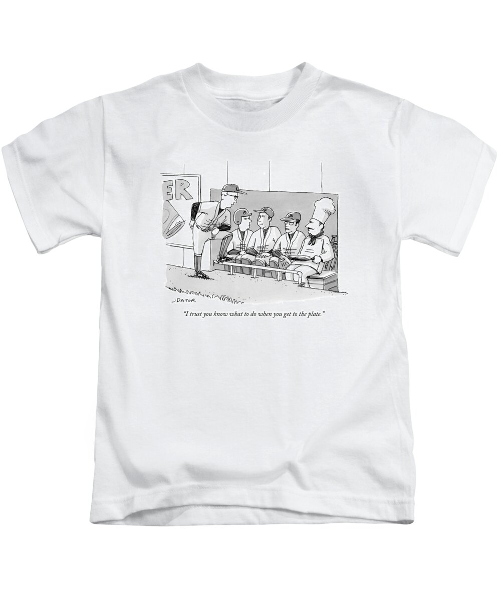 Cctk Kids T-Shirt featuring the drawing A Coach Is Standing By A Baseball Dugout by Joe Dator