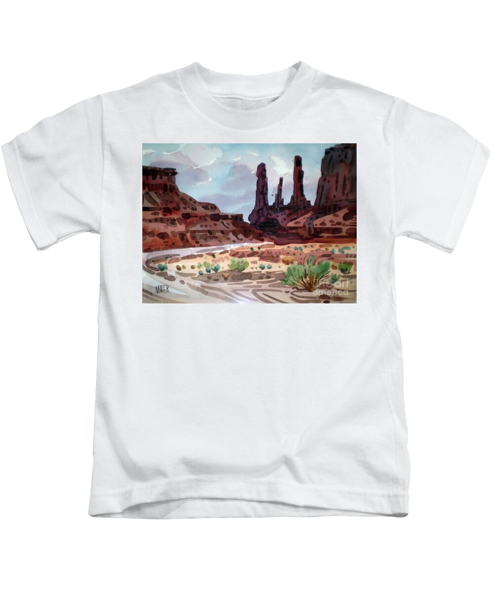 Monument Valley Kids T-Shirt featuring the painting Three Sisters #3 by Donald Maier