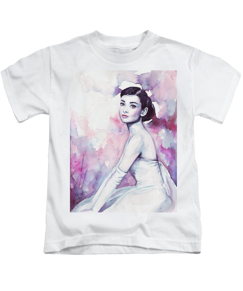 Fashion Watercolor Kids T-Shirt featuring the painting Audrey Hepburn Portrait by Olga Shvartsur