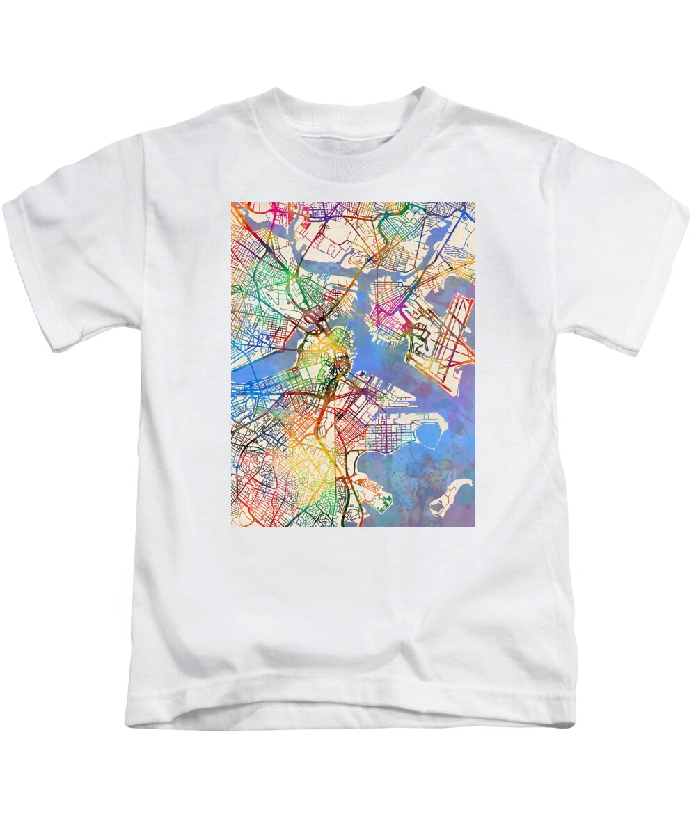 Street Map Kids T-Shirt featuring the digital art Boston Massachusetts Street Map #6 by Michael Tompsett