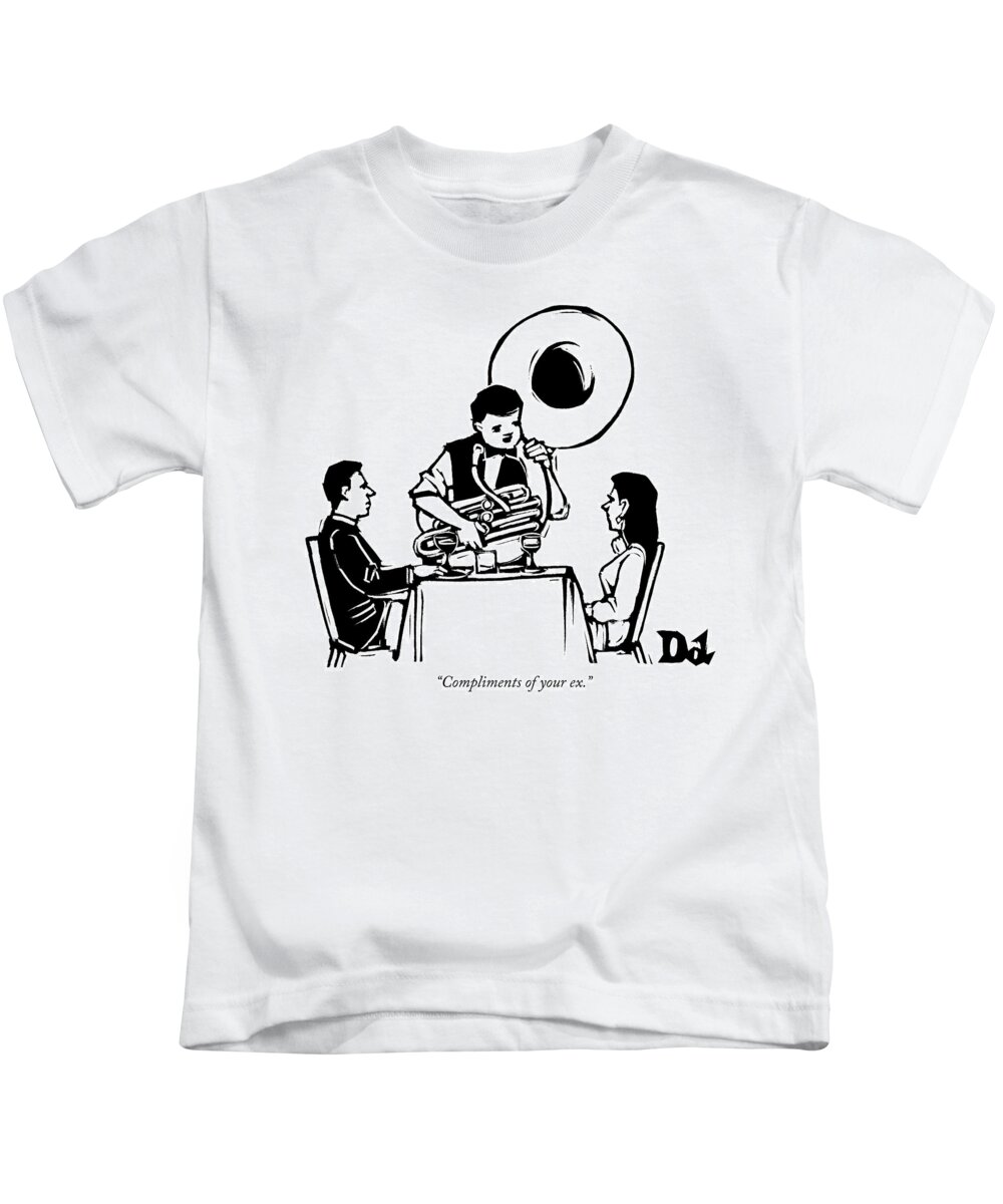 Compliments Of Your Ex. Kids T-Shirt featuring the drawing A Couple Seated At A Restaurant Face A Man Who by Drew Dernavich