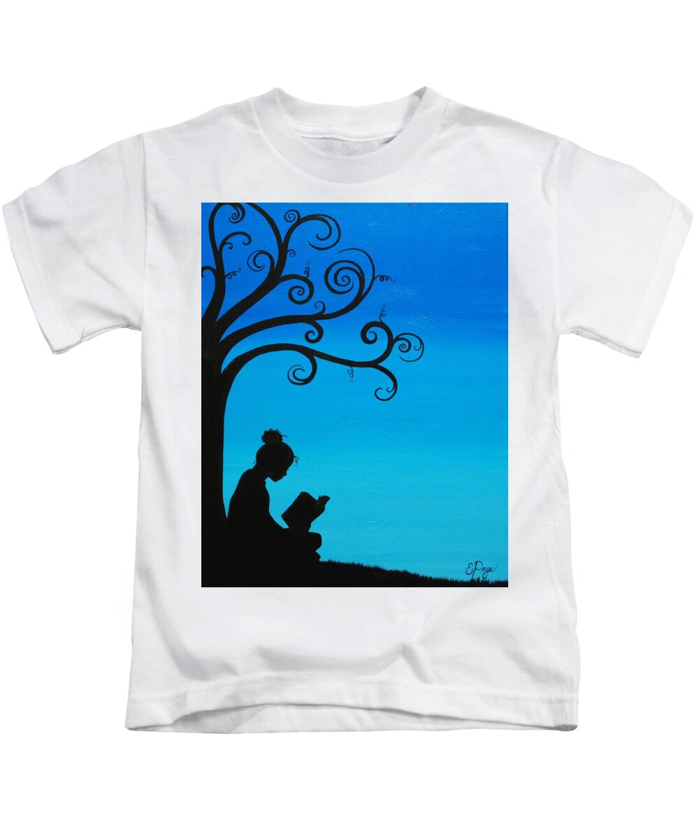 Girl Reading Under Tree Kids T-Shirt featuring the painting A Girl and Her Book by Emily Page
