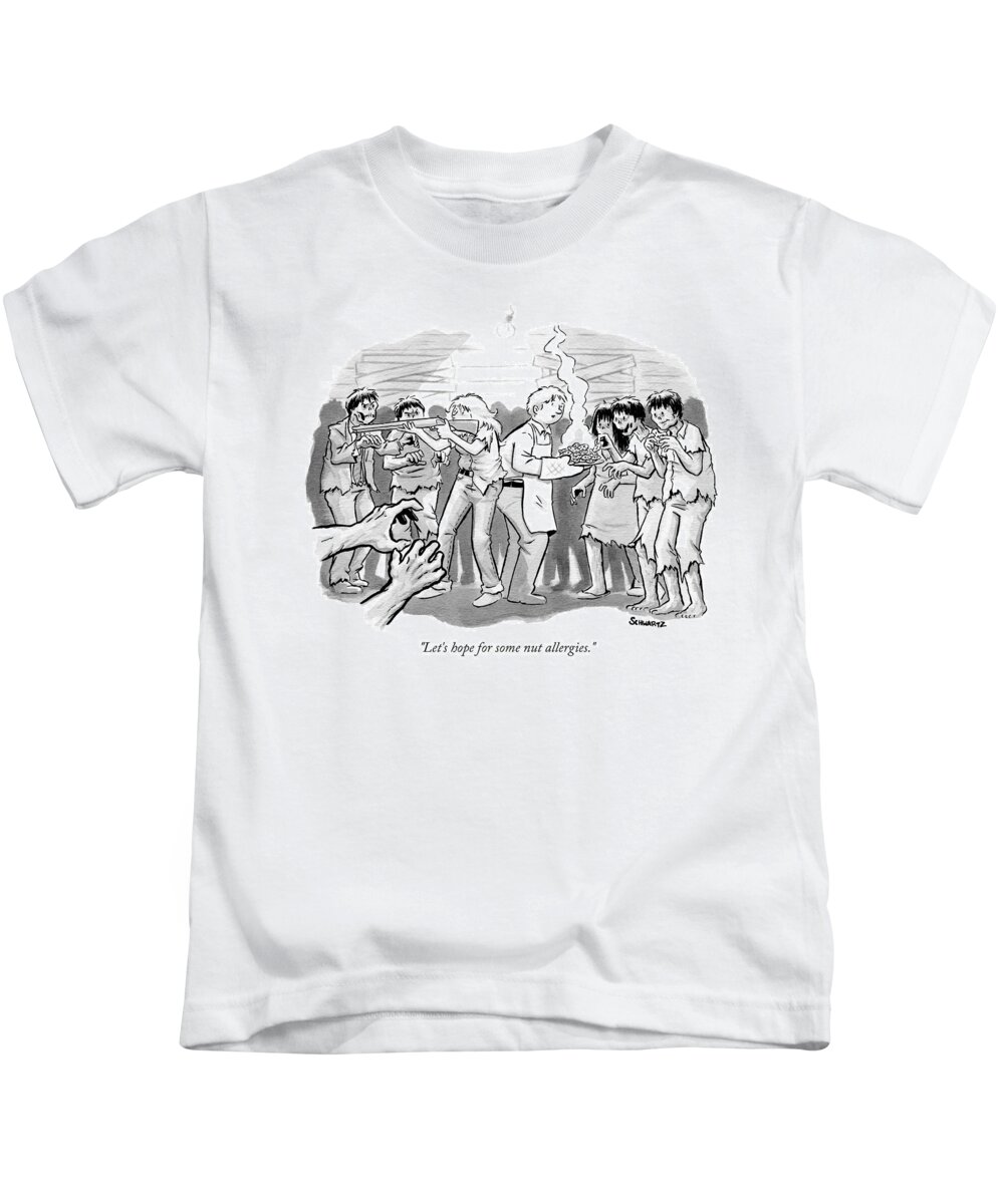 let's Hope For Some Nut Allergies. Kids T-Shirt featuring the drawing A Man And A Woman Stand In The Middle Of A Horde by Benjamin Schwartz
