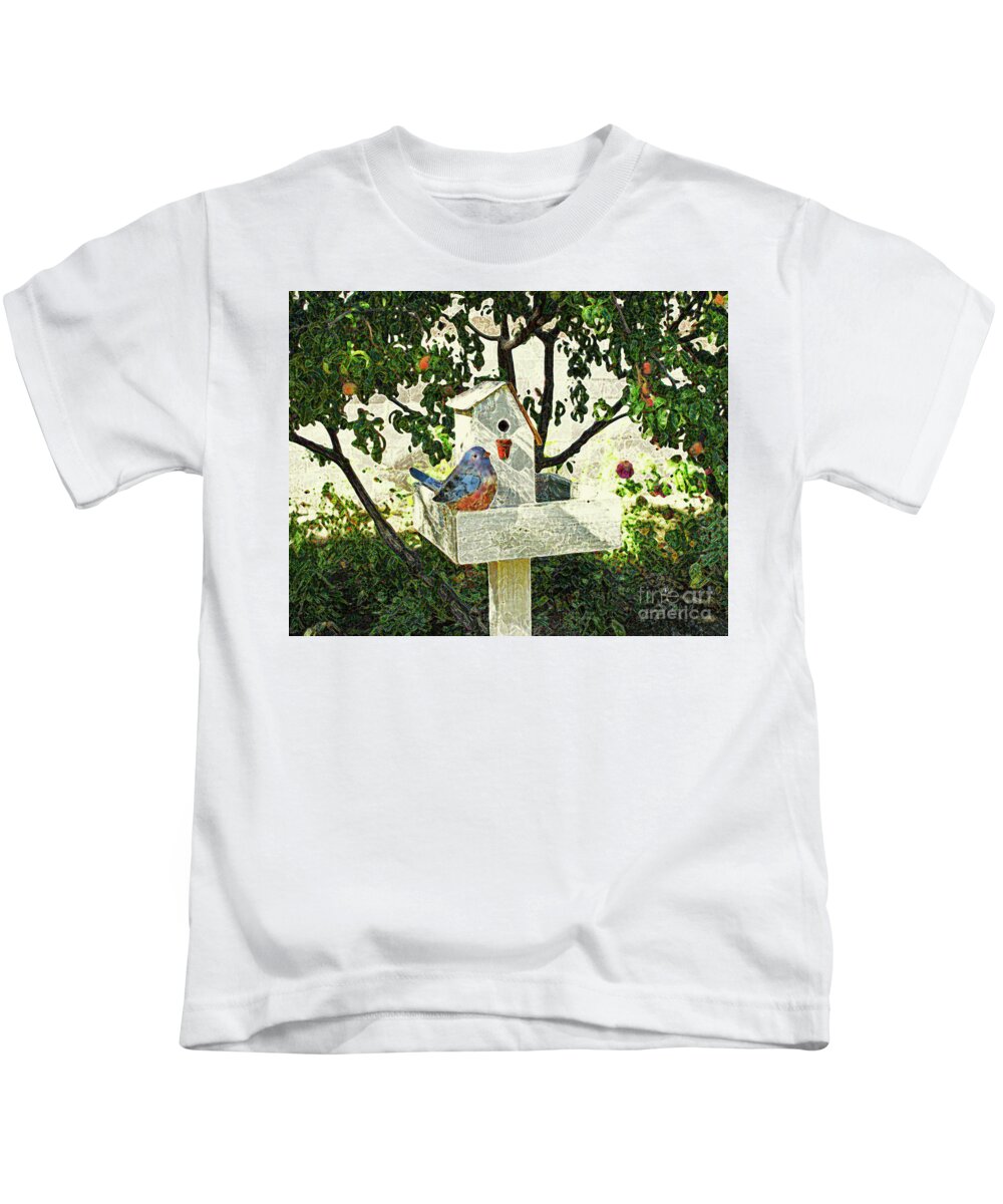 Fat Robin Sitting Near A Bird Feeder In A Garden. Bonnie Marie Kids T-Shirt featuring the painting A Robin Dreams by Bonnie Marie