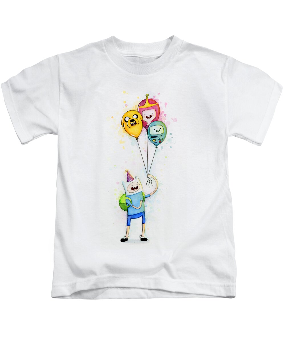 Jake Kids T-Shirt featuring the painting Adventure Time Finn with Birthday Balloons Jake Princess Bubblegum BMO by Olga Shvartsur