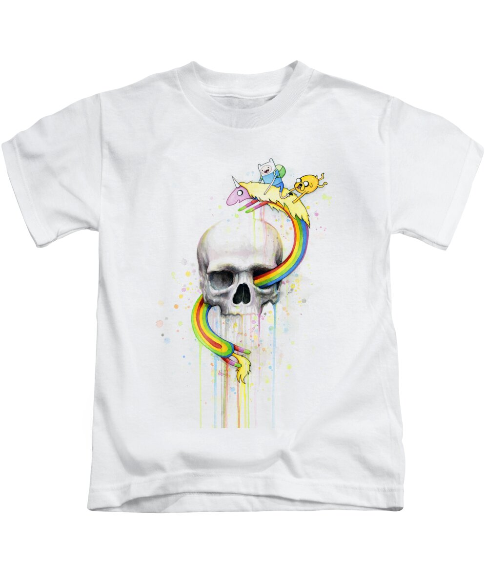 Adventure Kids T-Shirt featuring the painting Adventure Time Skull Jake Finn Lady Rainicorn Watercolor by Olga Shvartsur