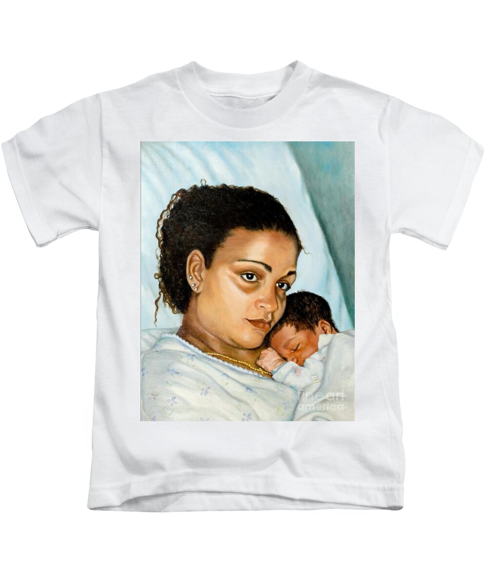 Portrait Kids T-Shirt featuring the painting After Birth Jacina and Javon by Marlene Book