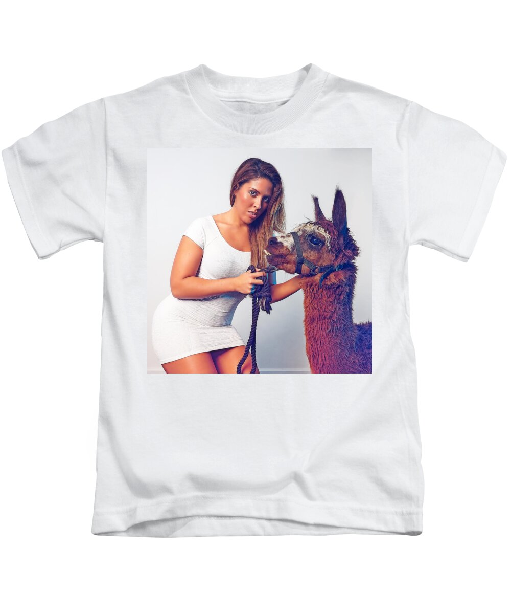 Alpaca Kids T-Shirt featuring the photograph Alpaca Mr. Tex and Breanna by TC Morgan
