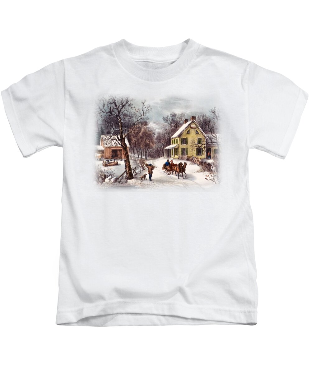 Winter Scene Kids T-Shirt featuring the painting American Homestead by Currier and Ives