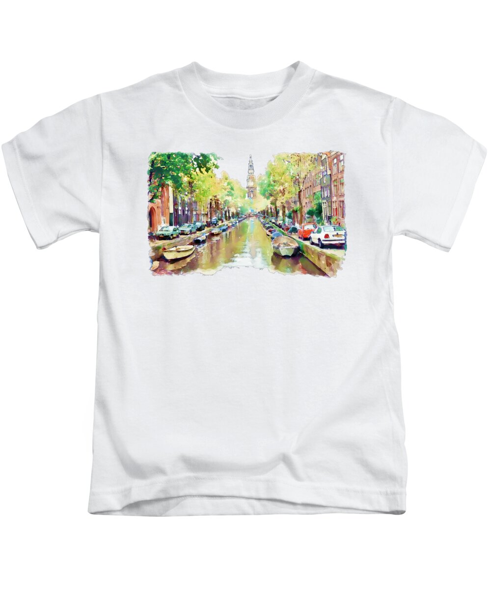 Marian Voicu Kids T-Shirt featuring the painting Amsterdam Canal 2 by Marian Voicu