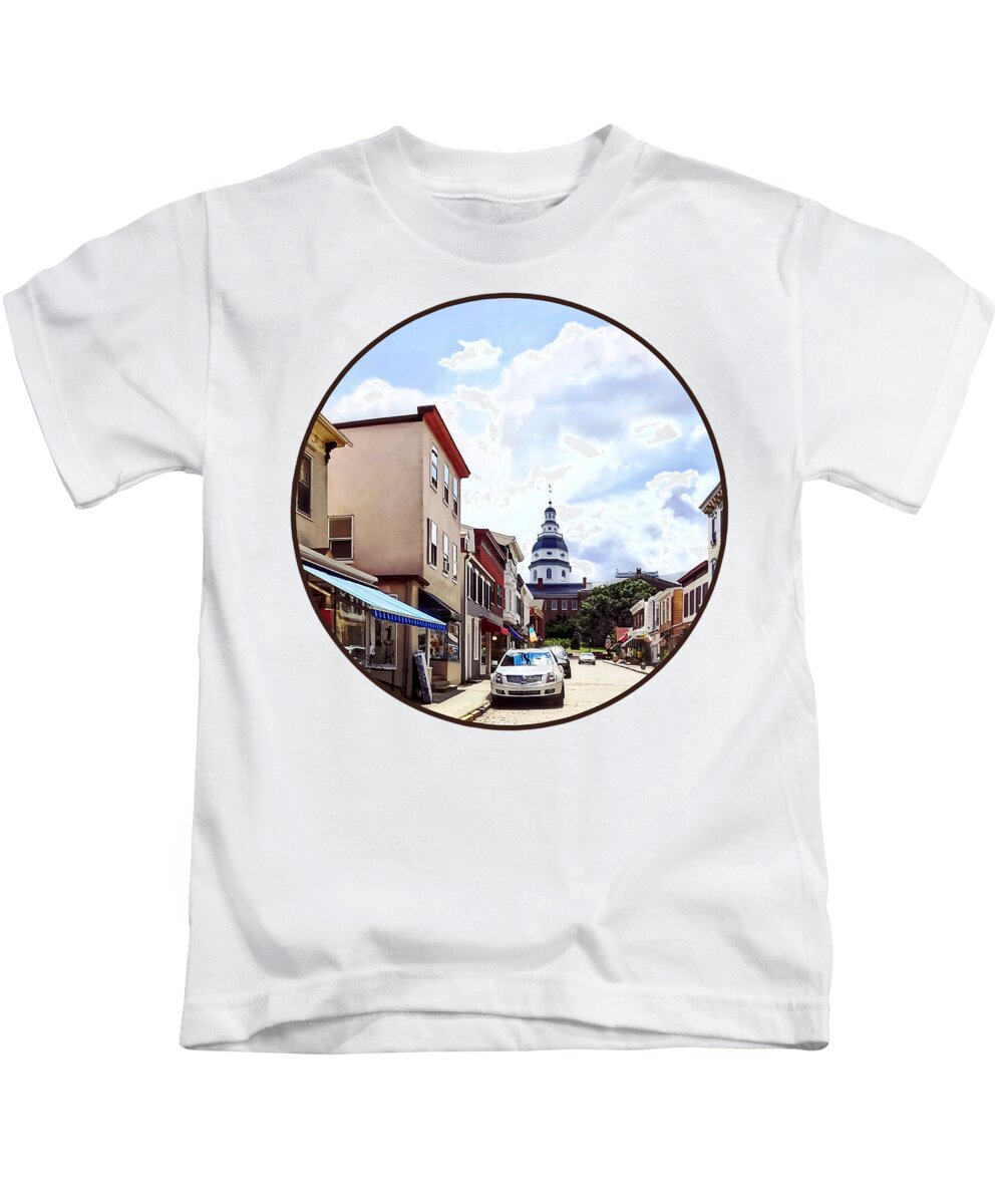 Annapolis Kids T-Shirt featuring the photograph Annapolis MD - Shops on Maryland Avenue and Maryland State House by Susan Savad