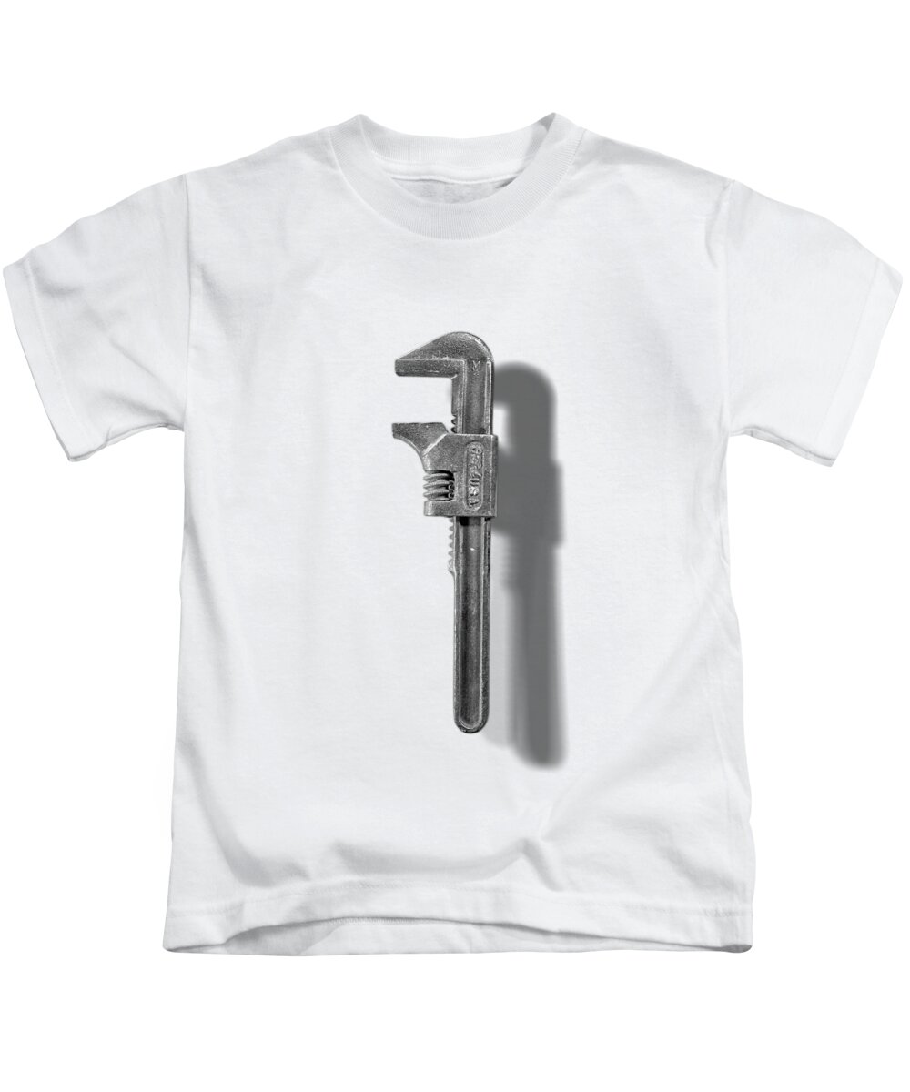 Adjustable Wrench Kids T-Shirt featuring the photograph Antique Adjustable Wrench Front in Black and White by YoPedro