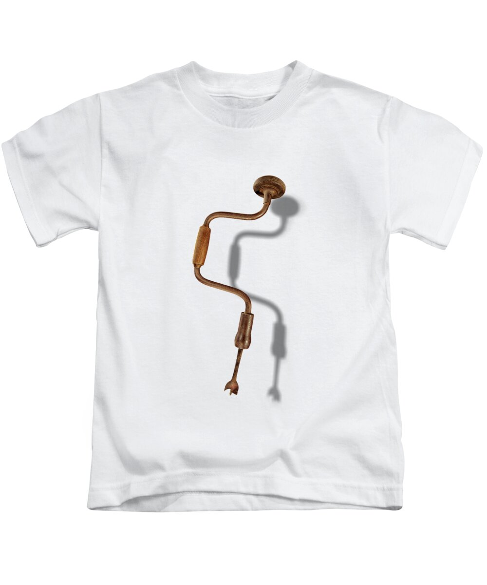 Vintage Drill Kids T-Shirt featuring the photograph Antique Bit Brace and Drill Bit on Black by YoPedro
