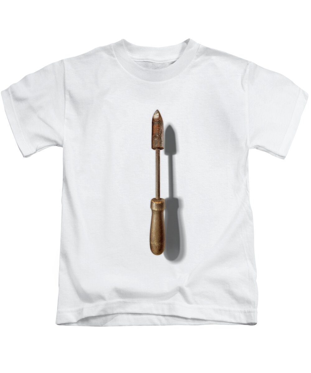 Hand Tool Kids T-Shirt featuring the photograph Antique Soldering Iron Floating on White by YoPedro