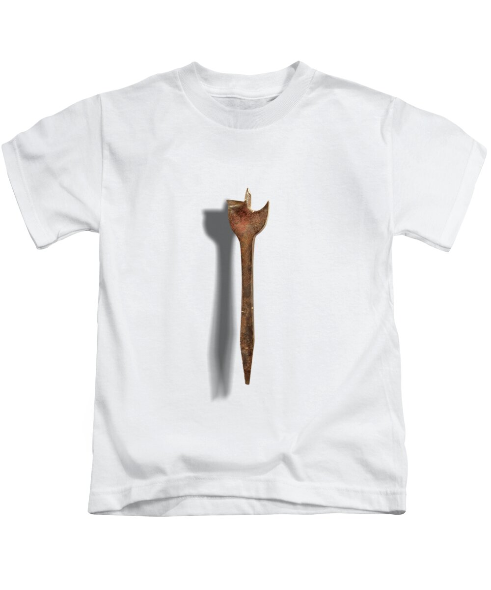 Drill Bit Kids T-Shirt featuring the photograph Antique Wood Drill Bit Floating on White by YoPedro
