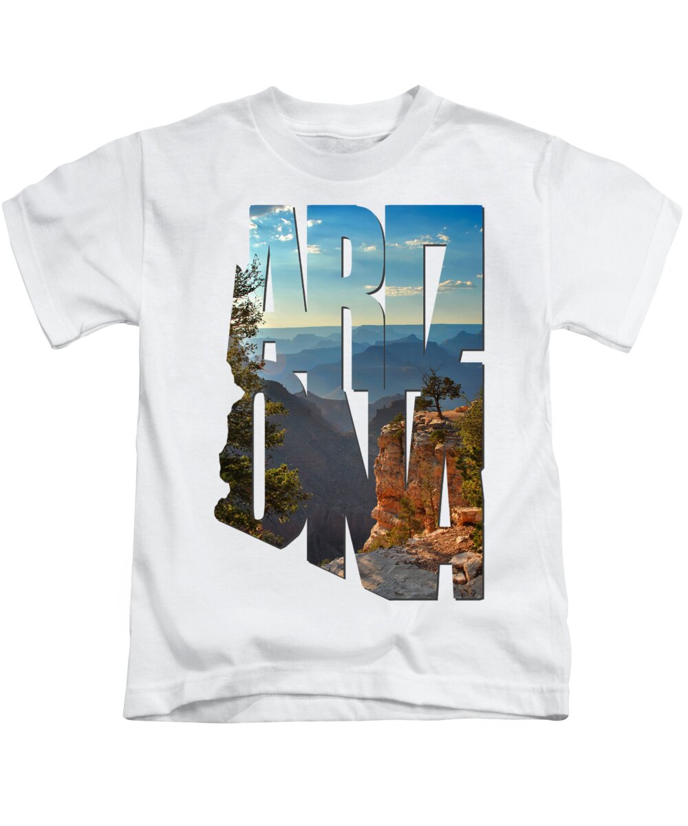 Arizona Kids T-Shirt featuring the photograph Arizona Typography - Sun Setting on Grand Canyon by Gregory Ballos