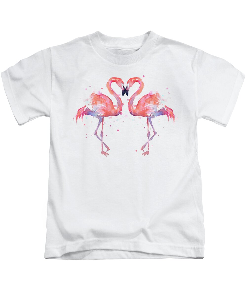 Watercolor Kids T-Shirt featuring the painting Flamingo Love Watercolor by Olga Shvartsur