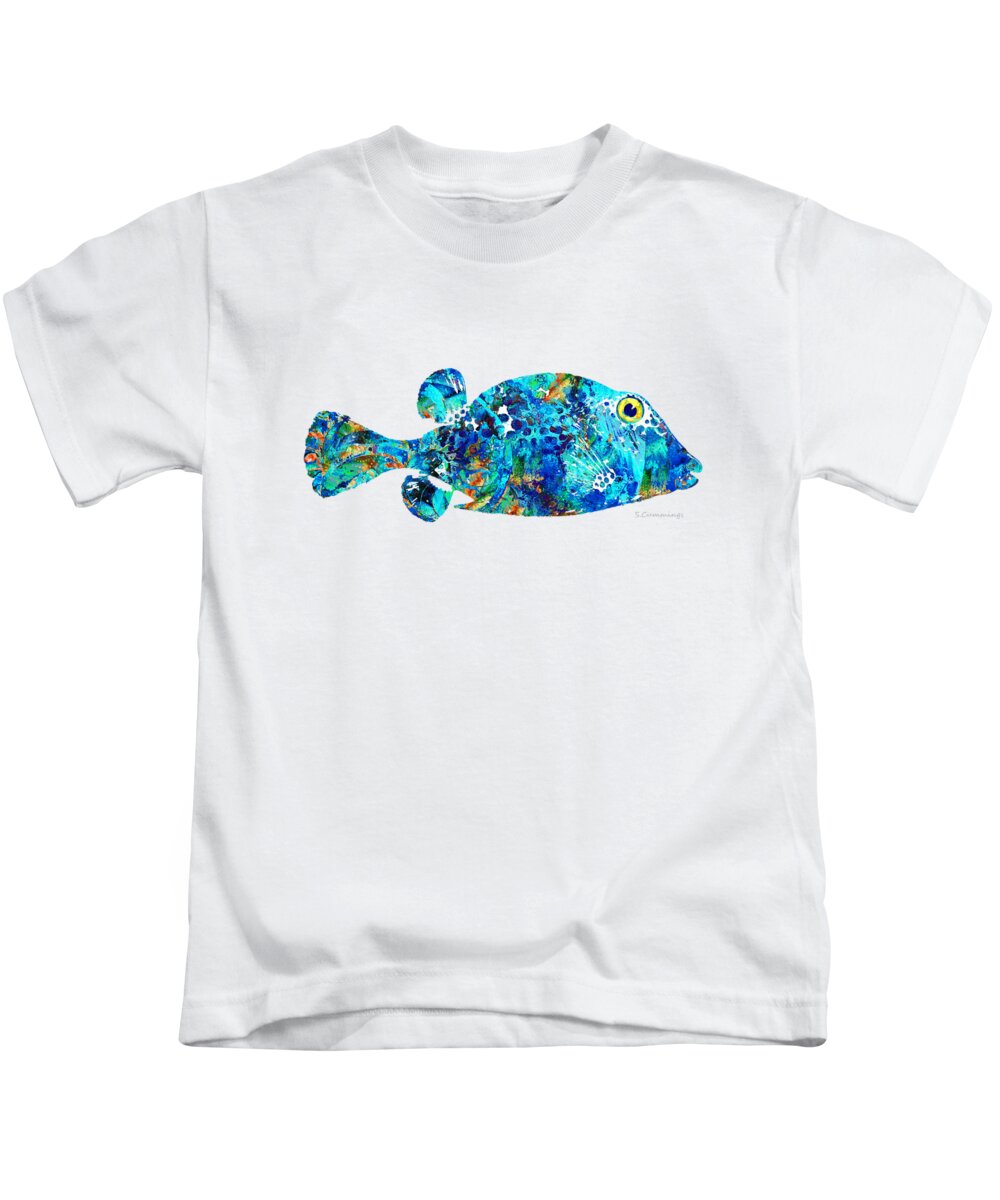 Fish Kids T-Shirt featuring the painting Blue Puffer Fish Art by Sharon Cummings by Sharon Cummings