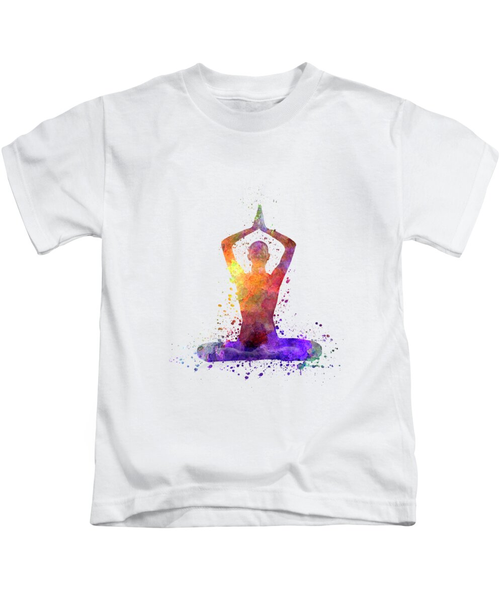 Watercolor Kids T-Shirt featuring the painting Yoga woman 01 in watercolor with splatters by Pablo Romero