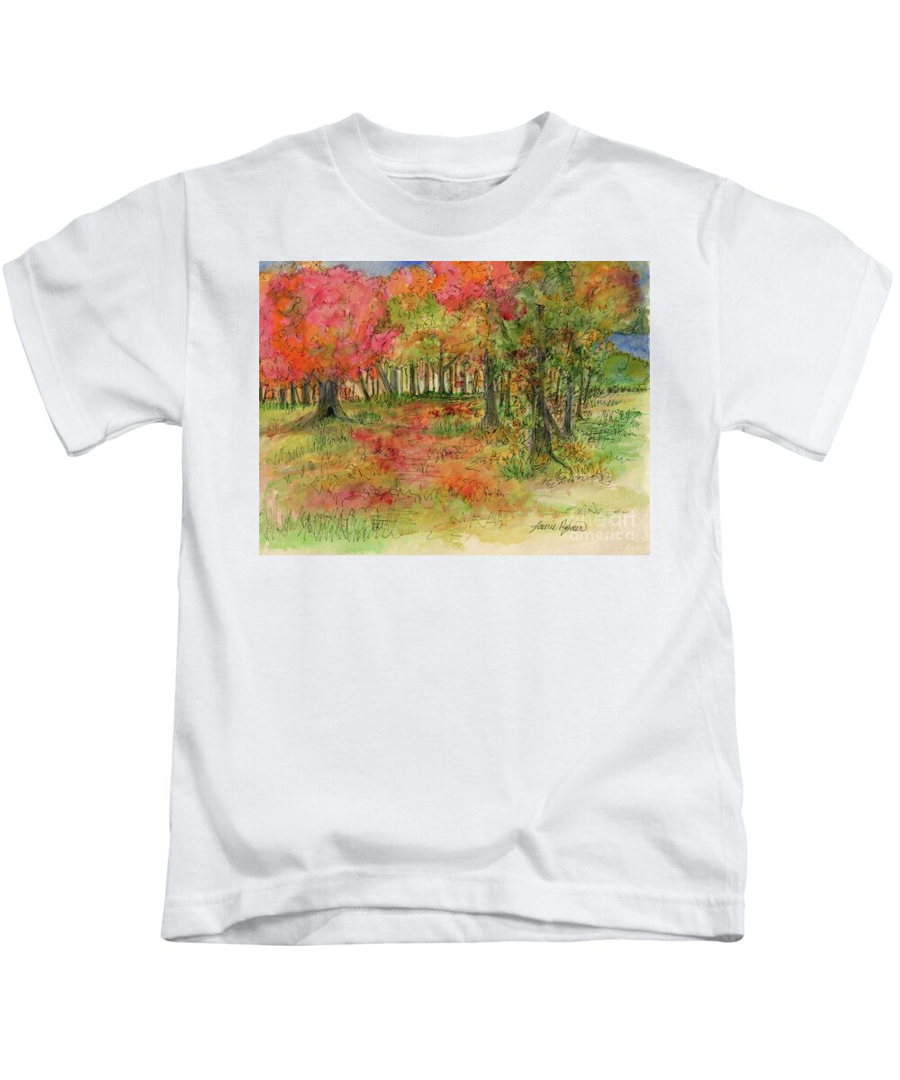 Watercolor Kids T-Shirt featuring the drawing Autumn Forest Watercolor Illustration by Laurie Rohner