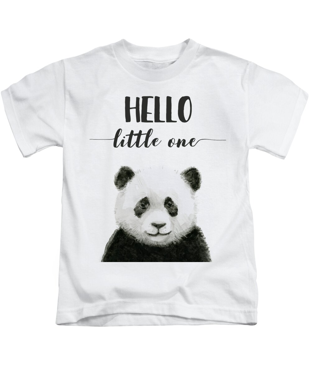 Baby Panda Kids T-Shirt featuring the painting Baby Panda Hello Little One Nursery Decor by Olga Shvartsur