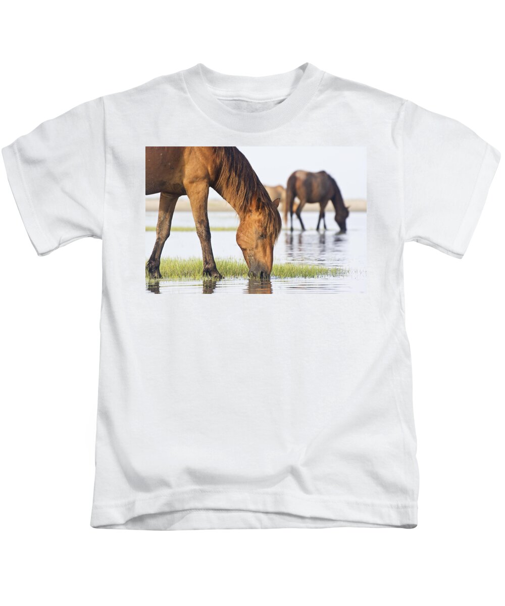 Wild Kids T-Shirt featuring the photograph Banker Horses on Tidal Flat by Bob Decker