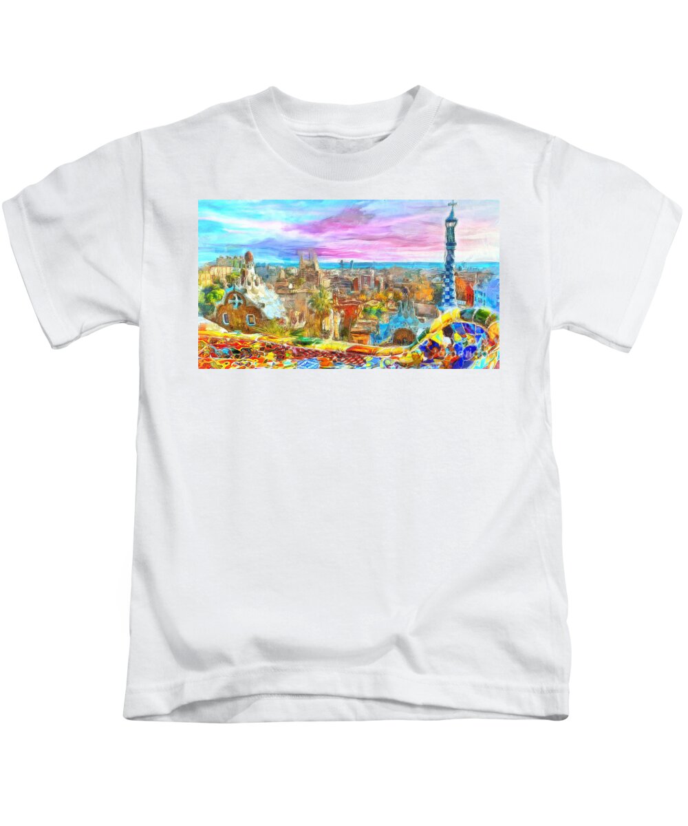 Park Guell Landscape Kids T-Shirt featuring the painting Barcelona from Park Guell by Stefano Senise