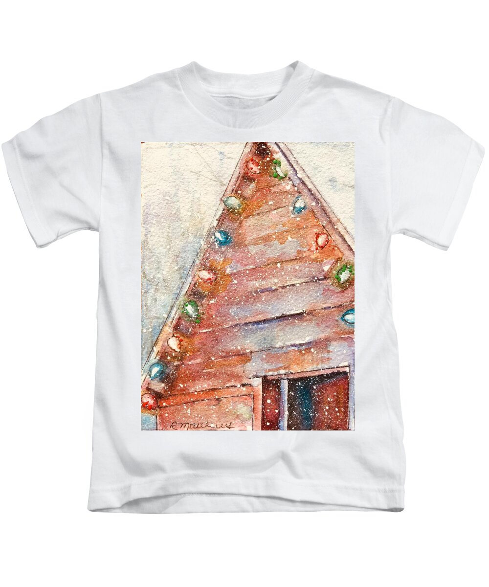 Christmas Cards By Rebecca Matthews Kids T-Shirt featuring the painting Barn in snow by Rebecca Matthews