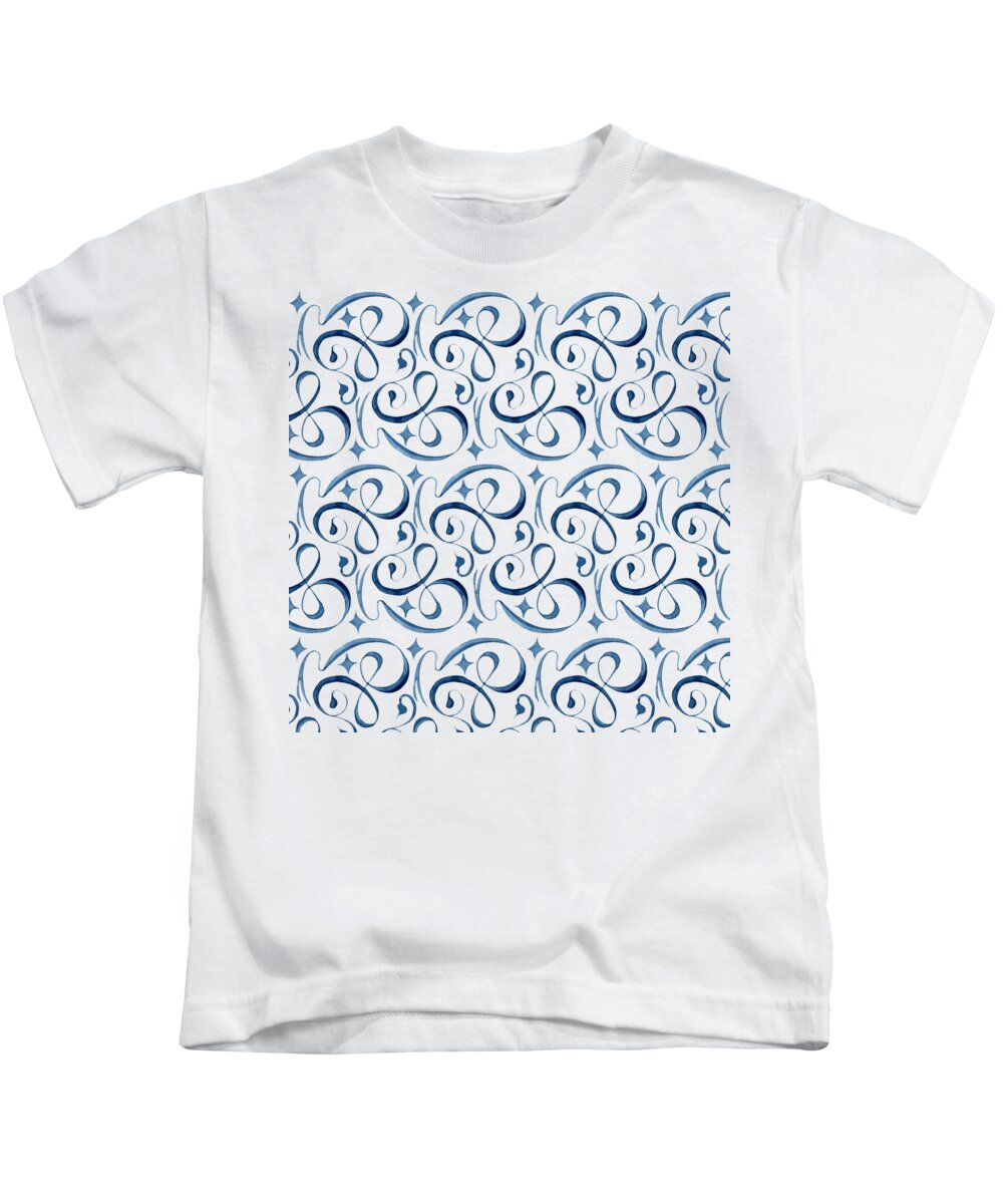 Indigo Blue Kids T-Shirt featuring the painting Beach House Indigo Star Swirl Scroll Pattern by Audrey Jeanne Roberts